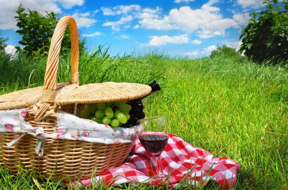 picnic basket with wine and blanket